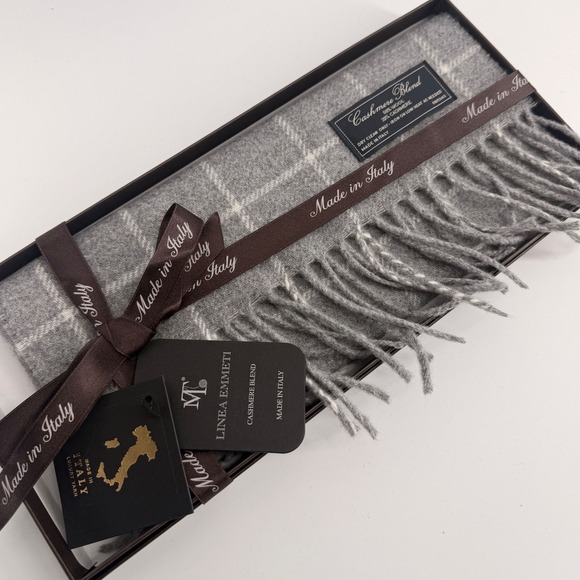Linea Emmett Cashmere Wool Blend Scarf Windowpane Grey Made in Italy 12x71 NIB